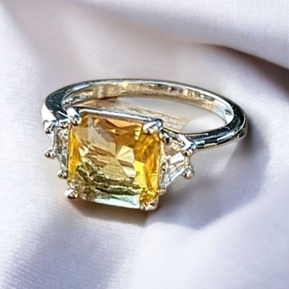 Canary Yellow Asscher Cut 3 Stone Engagement Ring 10, 6 - Picture 2 of 3